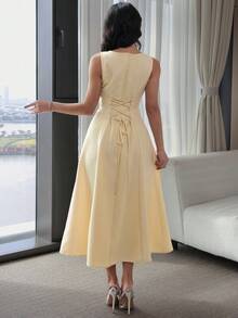 Modelyn New Elegant Embroidered & Beaded Cinching Waist Tie Back Sleeveless Slim Fit Everyday & Party Wear Dress, Butter Yellow - Pale Yellow - View 6