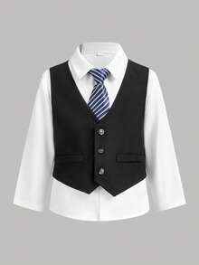 三件套男童绅士套装：卡其色马甲、松紧腰裤、领结和长袖衬衫，春夏款 - 彩色 - 查看 5