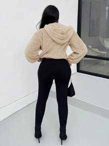 Alexandranx 女士纯色蓬松连帽运动衫，秋冬女士厚羊毛连帽衫 - 駝色 - 查看 2