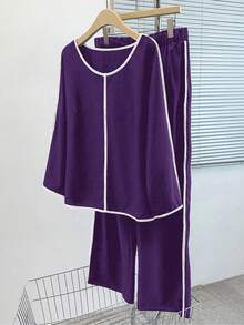EMERY ROSE Plus Size Contrast Color Long Sleeve Top And Wide Leg Pants 2 Pieces Set - Purple - View 3