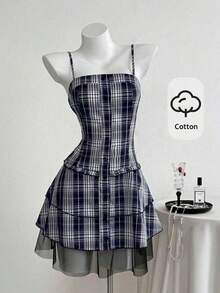 Elamini Women's Summer Fashion Plaid Mesh Spliced Camisole Mini Dress