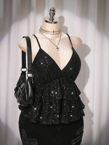 SHEIN ICON 大码女式纯色亮片荷叶边优雅时尚吊带衫 - 黑色 - 查看 10