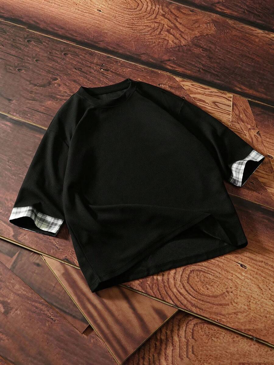 TOKVUE 秋季宽松男士格子袖口 T 恤 - 黑色 - 查看 1