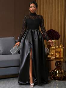 SHEIN Ladiora Váy dự tiệc xòe eo phối ren sang trọng dành cho nữ - màu đen - Xem 6