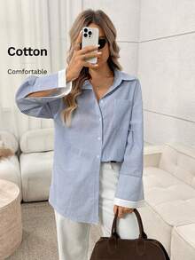 Easowa Áo cánh cotton trắng cổ tay trắng họa tiết sọc xanh trắng dành cho nữ, dáng rộng, cổ áo sơ mi hở phía trước, tay dài, thường ngày, thích hợp mặc hàng ngày, đi chơi, đi làm và đi làm, có túi - Xanh và trắng - Xem 5
