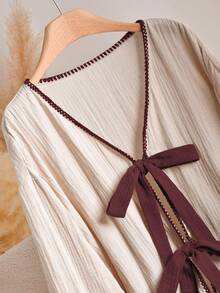 CosyJoli 大码女式前系结落肩长袖宽松休闲衬衫 - 杏色 - 查看 3