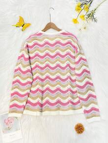 SHEIN Women's Casual Loose Fit Color Block Crew Neck Long Sleeve Knit Pullover Sweater, Spring/Autumn - Pink - View 2