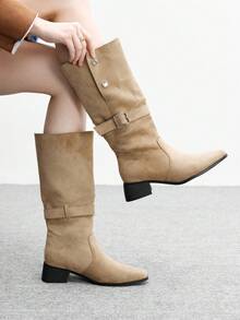 CUCCOO BIZCHIC 女士时尚百搭通勤粗跟中筒靴 - 卡其色 - 查看 5