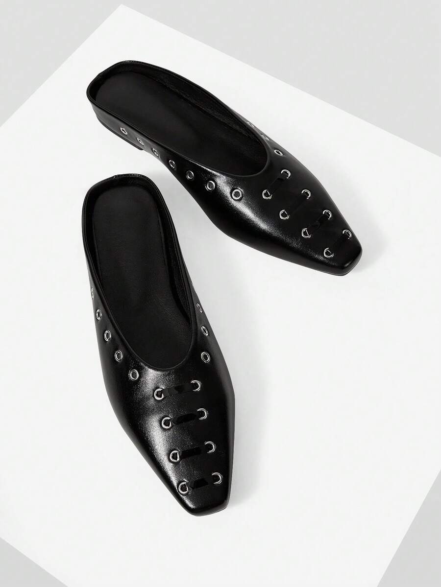 Mnmlis 女式复古英伦风格穆勒鞋，春夏新款时尚百搭休闲一脚蹬黑色平底鞋，适合户外穿着 - 黑色 - 查看 1