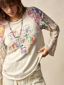 Bohemela Áo thun nữ Boho Thu/Đông/Xuân kiểu vintage, chất liệu dệt kim trơn màu phối ren hoa văn Paisley, cổ tròn, tay dài, dáng rộng, thích hợp cho kỳ nghỉ, đi xem hòa nhạc, đi nghỉ mát, đi học, Giáng sinh và Năm mới. - Màu be - Xem 3