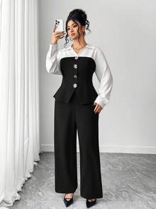 SHEIN Elenzya Plus Size Elegant Commuter Color Block Shirt & Pants 2 Pieces Set - Multicolor - View 5