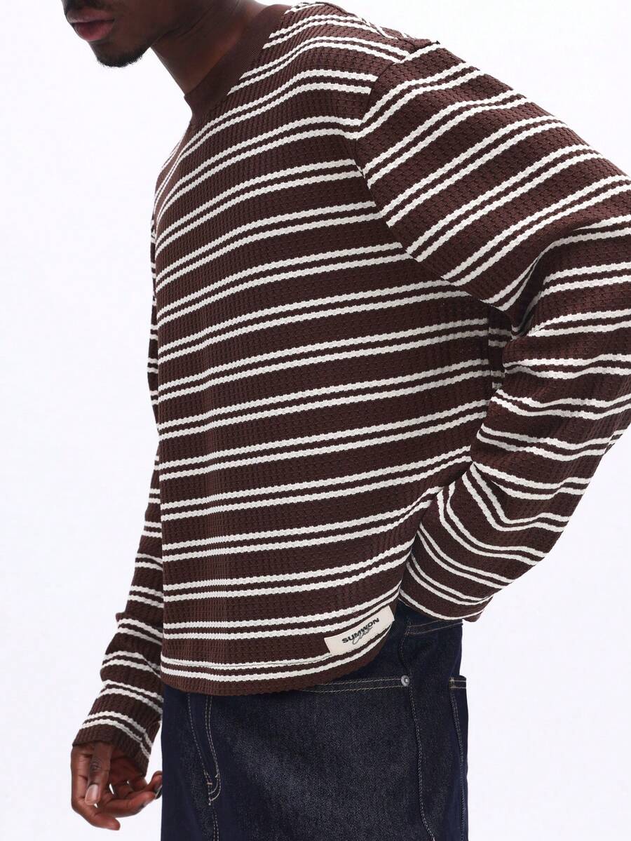 SUMWON 长袖条纹圆领套头毛衣，适合日常休闲穿着和秋冬季叠穿 - 咖啡棕 - 查看 1