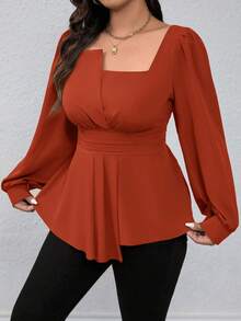 SHEIN Clasi Áo sơ mi tay dài cổ vuông màu trơn viền bèo nhún cỡ lớn, thường ngày cho dịp Giáng sinh, áo peplum - Màu Cam cháy - Xem 11