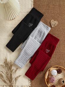 3pcs/Set Girls' Soft Wide Stripe Knit Elastic High Waist Black, Red, Gray Skinny Fit Leggings Leggings For Kids Winter Leggings For Girls Knee Lenght Leggings For Girls Warm Girls Kids Pants - Multicolor - View 1