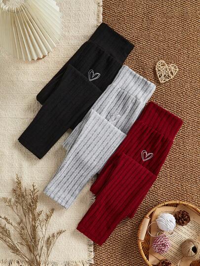 3件套 女童柔软宽条纹针织弹力高腰黑色、红色、灰色修身打底裤
