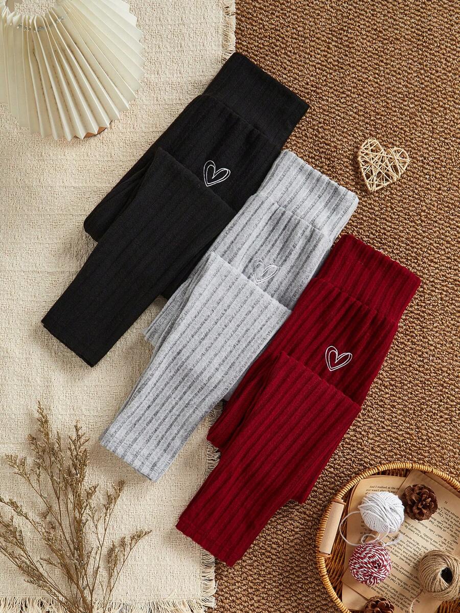 3pcs/Set Girls' Soft Wide Stripe Knit Elastic High Waist Black, Red, Gray Skinny Fit Leggings Leggings For Kids Winter Leggings For Girls Knee Lenght Leggings For Girls Warm Girls Kids Pants - Multicolor - View 1