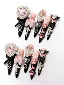 Anime 10张Y2K可爱爱心、星星、蝴蝶结、翅膀美甲贴纸，带胶带 - 黑粉1 - 查看 3