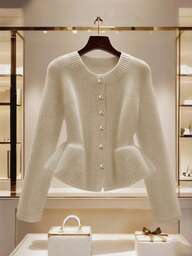 GlowEve Chaqueta corta de mujer con cintura ceñida y volantes en el bajo, decoración con botones metálicos únicos, suéter blanco elegante