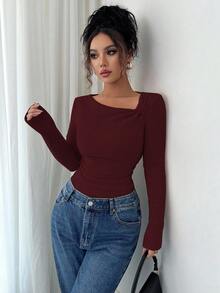 Selianne Áo thun dài tay xếp ly cổ chéo, màu trơn, dáng ôm, thiết kế đơn giản, thời trang thu đông mới - Màu Hoa hồng đỏ - Xem 6