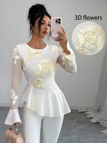 SHEIN Raffinéa Women's Elegant And Romantic Autumn Top With Patchwork Jacquard Floral Pattern, Asymmetric Hem, And Flared Sleeves, Perfect For Dates And Outings. - Apricot - View 6