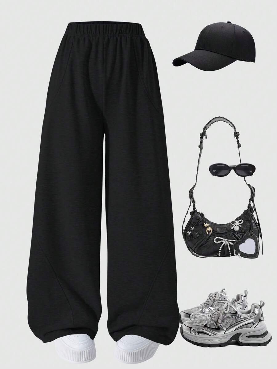SHEIN 少女宽松休闲纯色基础款春裤,适合日常通勤、休闲、度假、朋友聚会、街拍,四季皆宜。 - 黑色 - 查看 1