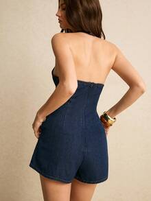 Poéselle Women's Denim Jumpsuit With Halter Neck, Fitted, Casual, Stylish, Backless Denim Jumpsuit, Dark Blue Denim Jumpsuit Summer Clothes Spring Outfit Women  Valentine Beach Outfits For Women  Holiday Vacation Outfits For Women - Dark Wash - View 3