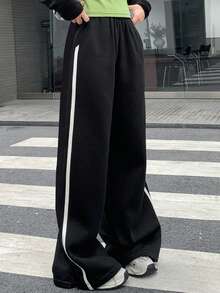 DAZY Pantalones de mujer holgados, gruesos y cálidos con rayas laterales de contraste - Negro - Ver 7