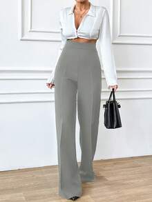 EURMUSE Women's Solid Color High Waist Toothpick Striped Design Straight Loose Casual Pants - Mint Green - View 5