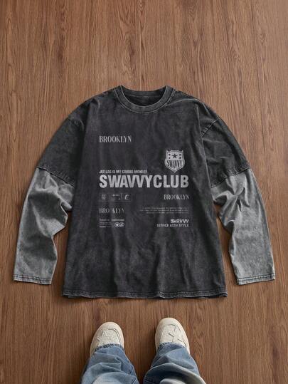 EASEVO 加大码男士休闲长袖T恤，黑灰拼接植绒印花