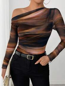 Elenzga 25-30+ Casual Autumn Tie Dye Print Ruched Shoulder Long Sleeve Elegant Women T-Shirt - Rust Brown - View 5