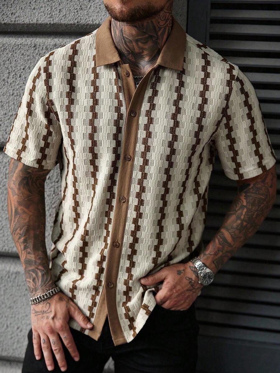 Manfinity CasualCool 男士格子短袖单排扣休闲宽松衬衫 - 杏色 - 查看 1