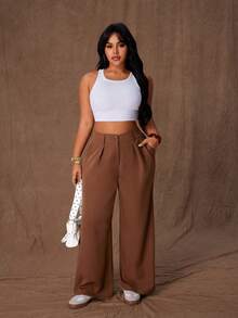 Rustia Women's Solid Color Casual Wide Leg Straight Pants, Suit Pants, Suitable For Commuting, Daily Wear, All Seasons - Coffee Brown - View 3