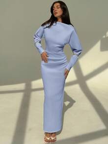 Aloruh Váy Maxi Tay Dài Ôm Sát, Dáng Rộng, Thanh Lịch, Trí Tuệ, Tối Giản, Phong Cách Công Sở, Đi Làm, Trang Trí Xếp Ly, Áo Rộng, Mới - Màu xanh nhạt - Xem 7