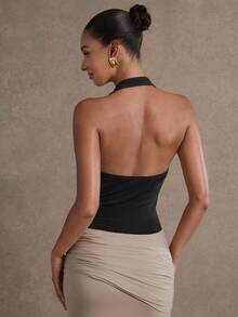 L'Amorae 女士纯色金属链垂褶领上衣 - 黑色 - 查看 6