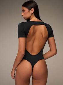 SHEIN BAE 女式无袖露背弹力纯色夏季运动连体裤 - 黑色 - 查看 1