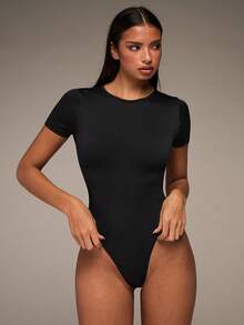 SHEIN BAE 女式无袖露背弹力纯色夏季运动连体裤 - 黑色 - 查看 5