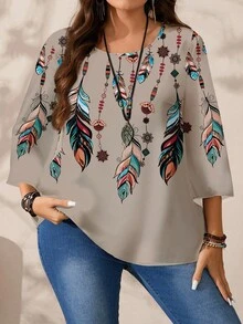 EMERY ROSE Camisa feminina plus size casual com estampa total, gola redonda e mangas 3/4. - Caqui - Ver 5
