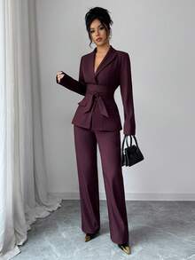 Elenzga Bộ vest 2 món dành cho nữ, có cổ ve, nút cài phía trước, gấu xẻ, túi bên hông, nơ thắt eo, áo khoác blazer tay dài kết hợp với quần ống rộng cạp chun, màu đỏ Angora, phong cách Pháp cổ điển thanh lịch cho công sở/đi làm/công tác/nghỉ dưỡng/thường ngày/đường phố, trang phục dự tiệc/giáng sinh/lễ tạ ơn/trà chiều/năm mới sang trọng, thu/đông - Màu Tím - Xem 3