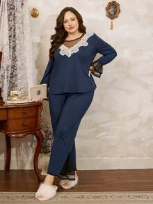 Côtesoire Plus Size Elegant French Lace Patchwork Polka Dot Mesh Long Sleeve Sleepwear Set - Navy Blue - View 4