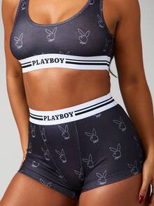 Missguided x Playboy Printed Bunny Logo Bralette And Boyshort Panty Set With Contrast White Band Detailing - Black and White - View 6
