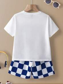 SHEIN Felix The Cat 2 Stücke/Set Jungen T-Shirt mit Buchstaben- und Cartoon-Grafik Rundhalsausschnitt Kurzarm und karierter Muster Shorts Set - Blau-Weiß - Übersicht 2