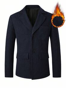 Manfinity Mode 男士休闲平领单排扣羊毛混纺夹克，秋冬款 - 藏蓝色 - 查看 5