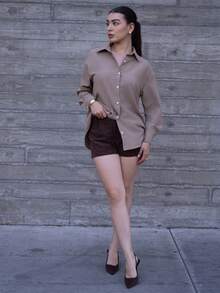 Andrea Bello 女士灯芯绒短裤，简约时尚，适合日常休闲穿着 - 巧克力棕 - 查看 6