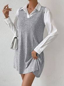 SHEIN Raffinéa 纯色无袖针织休闲连衣裙，秋冬款 - 灰色 - 查看 4