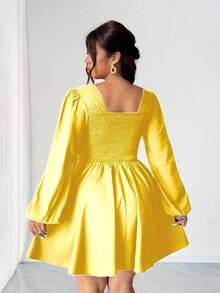 Elenzga 大码女士性感前系带露背镂空黑色迷你连衣裙，秋季 - 黃色 - 查看 2