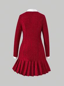 SHEIN 少女优雅蝴蝶结装饰褶皱下摆连衣裙，秋季 - 紅色 - 查看 2