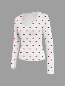 EMERY ROSE Women's Casual Heart Print V-Neck Long Sleeve T-Shirt, Autumn - Red and White - View 4