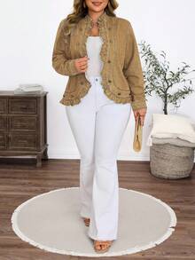 SHEIN Mature Denim 大码休闲度假水洗牛仔外套 - 卡其色 - 查看 6