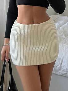 SHEIN EZwear 女士纯色罗纹针织毛衣和迷你裙，休闲日常穿着 - 杏色 - 查看 2