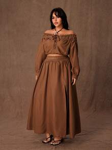 Rustia Conjunto de 2 piezas de blusa de manga larga con volantes de un hombro y falda con abertura lateral para mujer talla grande - Marrón - Ver 7